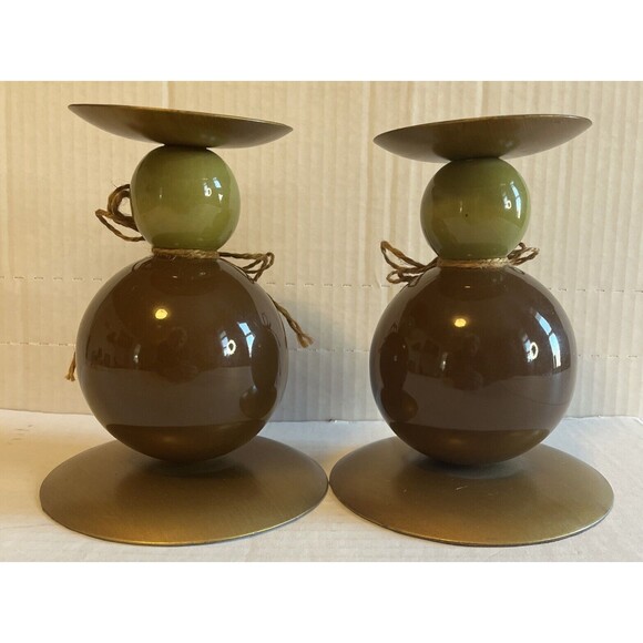 Vintage MCM Pillar Candle Holder Pair Green Brown Gold Stacked Round Minimalist - Picture 2 of 11